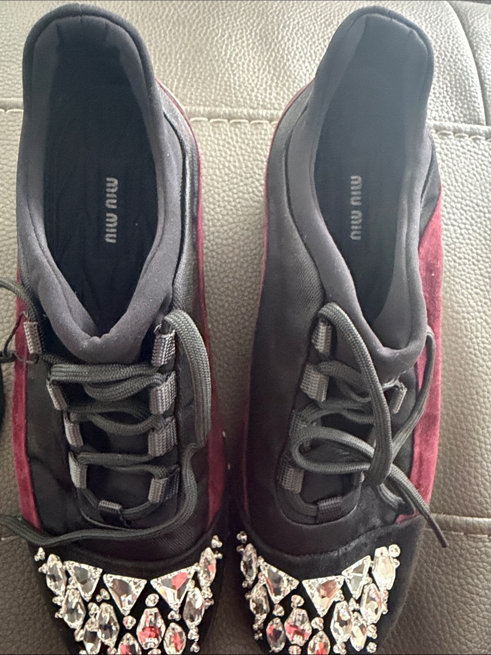 Miu Miu Black & Burgundy Crystal-Embellished Sneakers